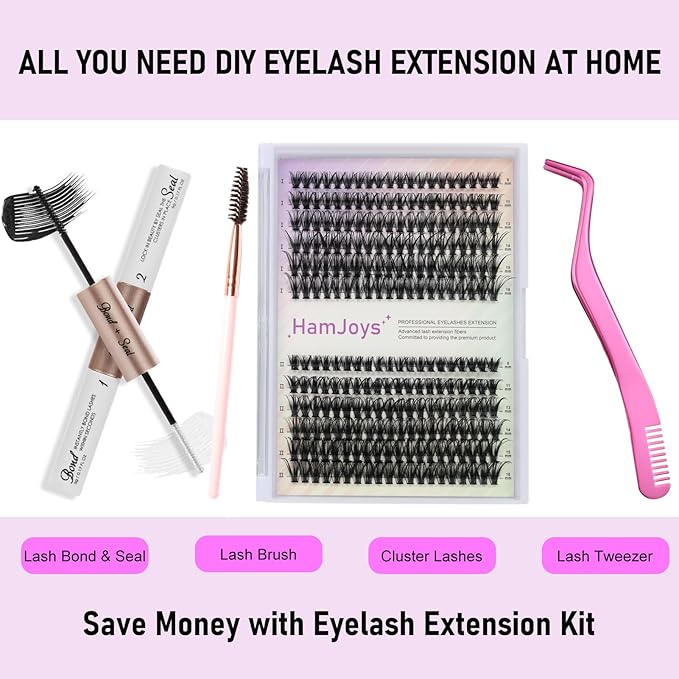 Lash Extension Kit DIY 240pcs Lash Clusters Eyelash Extension Kit, 9-16mm 40D 50D Individual Lashes Kit with Lash Bond and Seal, Lash Tweezers for Self Use (40D&50D, 0.07D, 9-16mm, Kit)