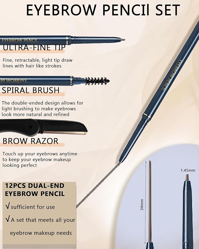 Eyebrow Pencil for Women, 12Pcs Light Brown Ultra-Fine Eye Brow Pencil Set, Easy to Color, Longlasting Waterproof Eyebrow Tint Pen Kit for Define Shape & Fill Brow,Thanksgiving Makeup Gift for Girl-02