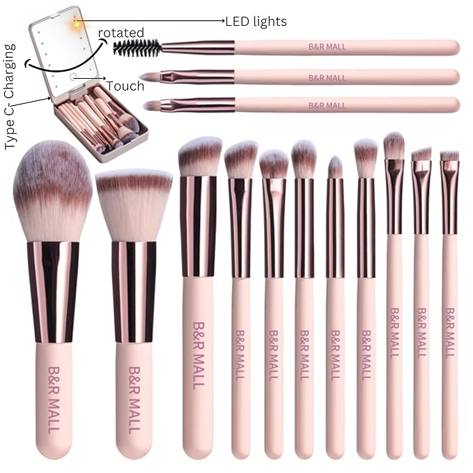 B&R MALL Makeup Brush Set with LED Mirror – Supper soft Brushes for Flawless Foundation, Concealer, Eyeshadow & More | Lightweight, Versatile, Perfect for On-the-Go Touch-Ups (Champagne Gold)