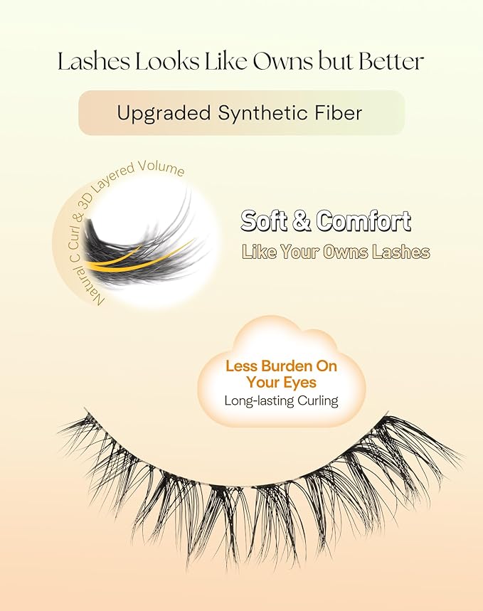 Natural Cat Eye Lashes 12MM False Eyelashes with Clear Band Wispy Lashes Natural Look C Curl Fake Eyelashes Pack 3D Volume Lash Strips ChirpyLuna Eyelash 7 Pair