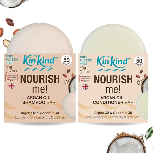 KinKind NOURISH me! Shampoo and Conditioner Bar Set | Argan Oil and Coconut Oil Shampoo and Conditioner Bars for Hydration & Softness | For normal, dry and grey hair. 50 washes. UK made