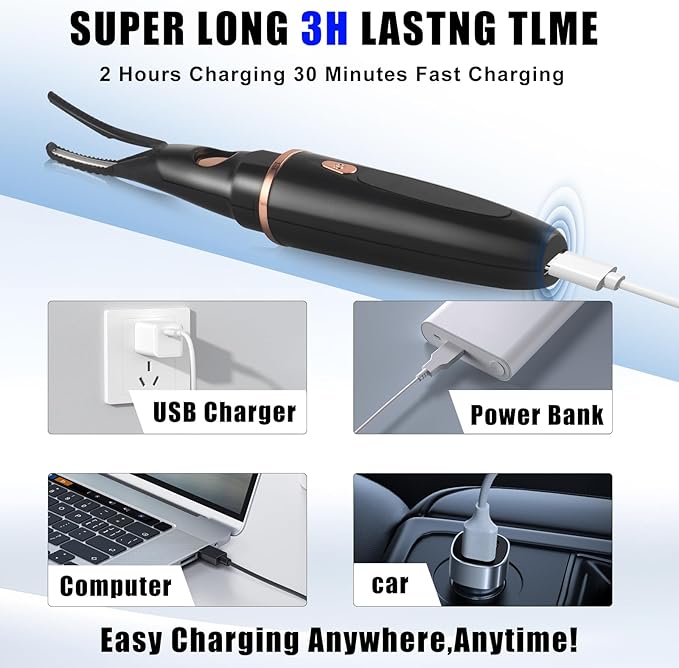 Heated Eyelash Curlers - 2 in 1 Clip- Type Heated lash Curler Best Seller Electric Eyelash Curler LED Display 3 Temp Settings for Makeup Tools USB Rechargeable Natural Curling 24H Long Lasting 6A
