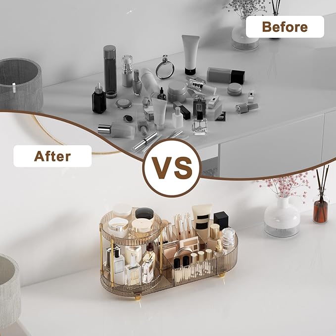 Makeup Organizer Countertop with 360 Rotating Perfume Trays, 7-Divider Vanity Skincare Organizers, Make Up Desk Organization and Storage with Cosmetic Brush Holder for Bedroom Bathroom Counter