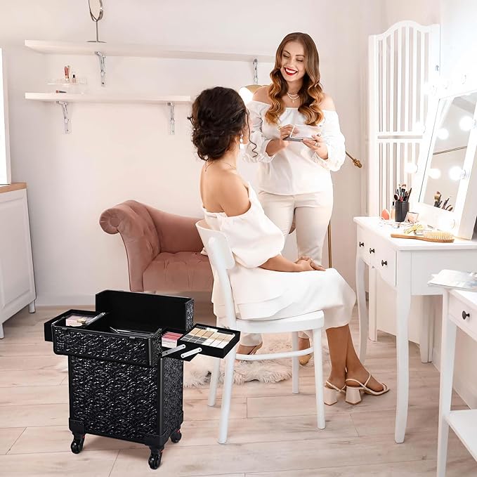 BYOOTIQUE Rolling Makeup Train Case on Wheels Large Cosmetic Travel Organizer Eyelash Storage Box for Nail Tech Beauty Salon Manicurist Barbershop,Mermaid Black
