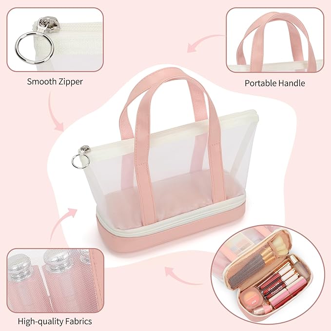 Small Multi-Functional Makeup Bag for Teens and Women Cute Cosmetic Case with Zipper Pouch/Double Handle for Travel Daily Use Multi-Scene Storage - Perfect Christmas or Birthday Gift for Girls - Pink
