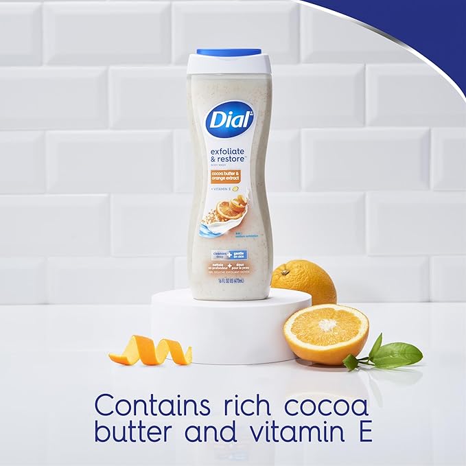 Dial Body Wash, Exfoliate & Restore Cocoa Butter & Orange Extract, 16 Fl Oz Pack of 4, With Vitamin E, Gentle, Leaves Skin Feeling Nourished, Dermatologist-Tested, No Parabens & Sulfates