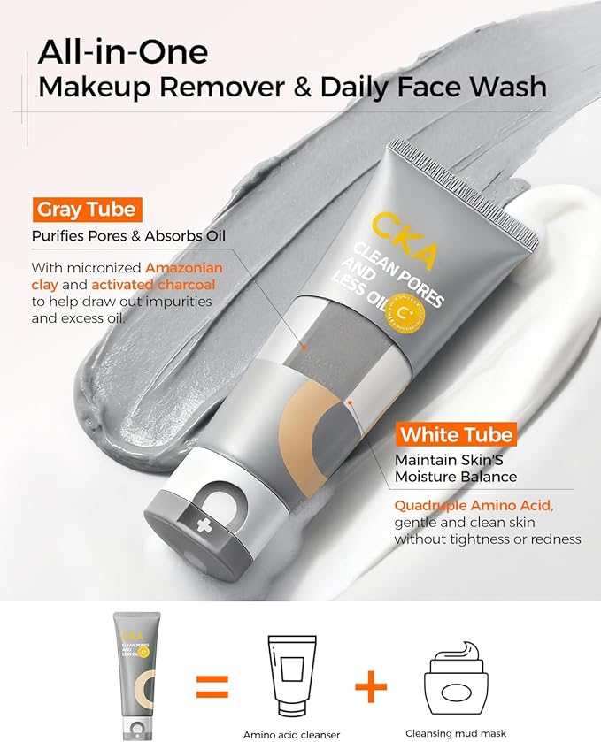 CKA Facial Deep Cleanser, Blackhead Makeup Remover 2 in 1 Dual-Chamber Foam Cleanser, Gentle Oil Control Minimizes Pores with Amazonian White Clay & Amino Acid, Daily Face Wash for Oily/Sensitive Skin