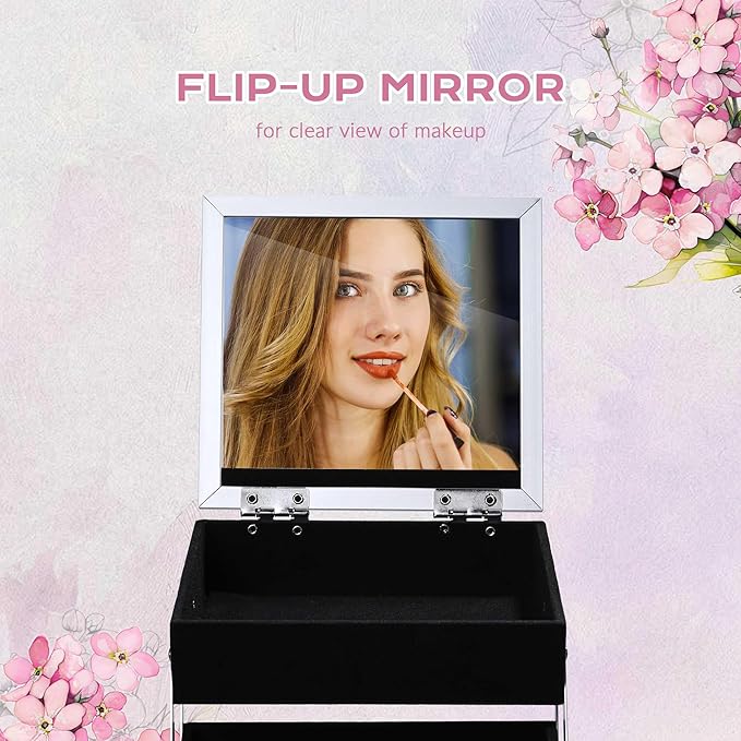 BYOOTIQUE Makeup Train Case with Mirror Small Travel Cosmetic Bag Cosmetology 2-Tier Trays Jewelry Organizer with Lock for Nail Tech Artist Beauty Salon Barbershop,Blush ForgetMeNot