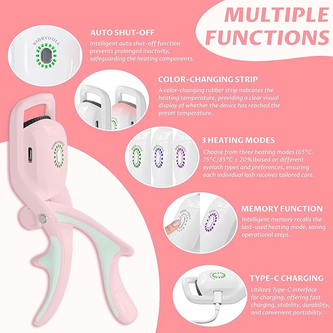 Electric Heated Eyelash Curler Kit Hot Lash Therapy Professional Eyelash Tools Battery Powered Lash Lifter Rechargeable Clamp for Various Eye Types Plastic Material (Colour Pink)