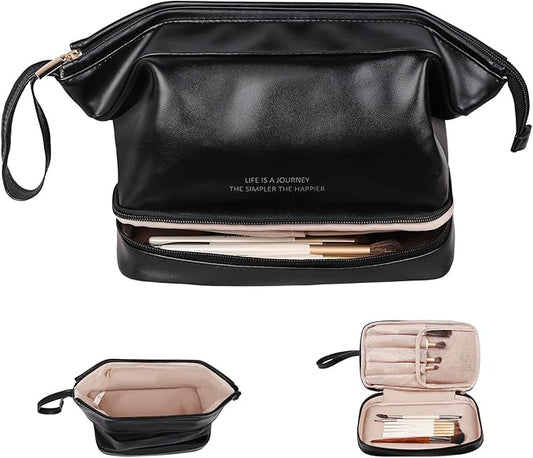 Abiudeng Large Capacity Makeup Bag Ladies Cosmetic Bag Travel Bag with Compartments Portable PU Leather Travel Makeup Bag with Handle