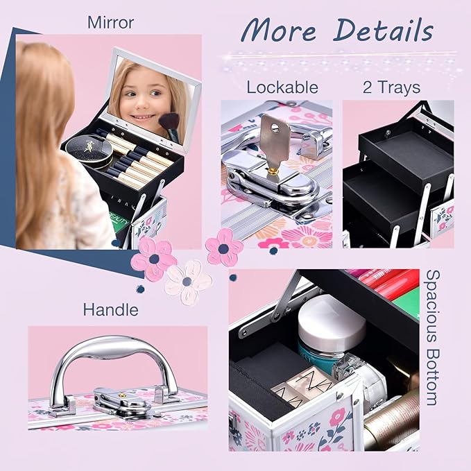 Joligrace Makeup Case for Girls Cosmetic Train Case Makeup Storage Box Jewelry Organizer Hair Accessories Lockable with Trays & Mirror Kids Gift Coloful Pink Unicorn