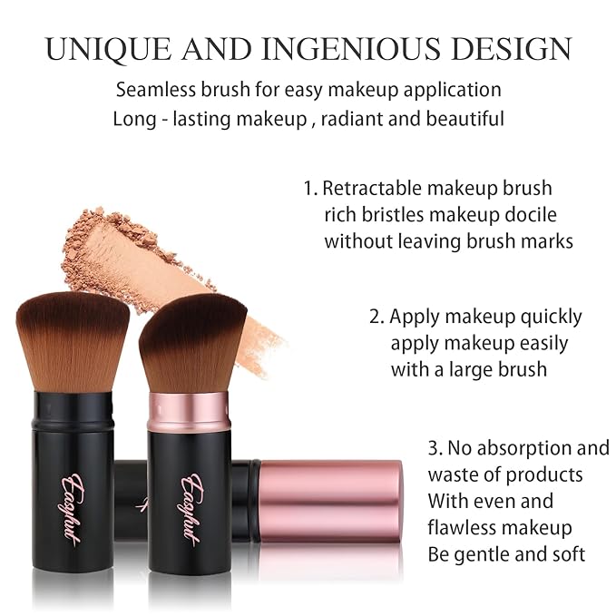 Retractable Kabuki Makeup Brushes 2 Pcs Blush Brushes Set Portable Powder Brushes with Flat and Angled Top for Liquid Cream Cosmetics Travel