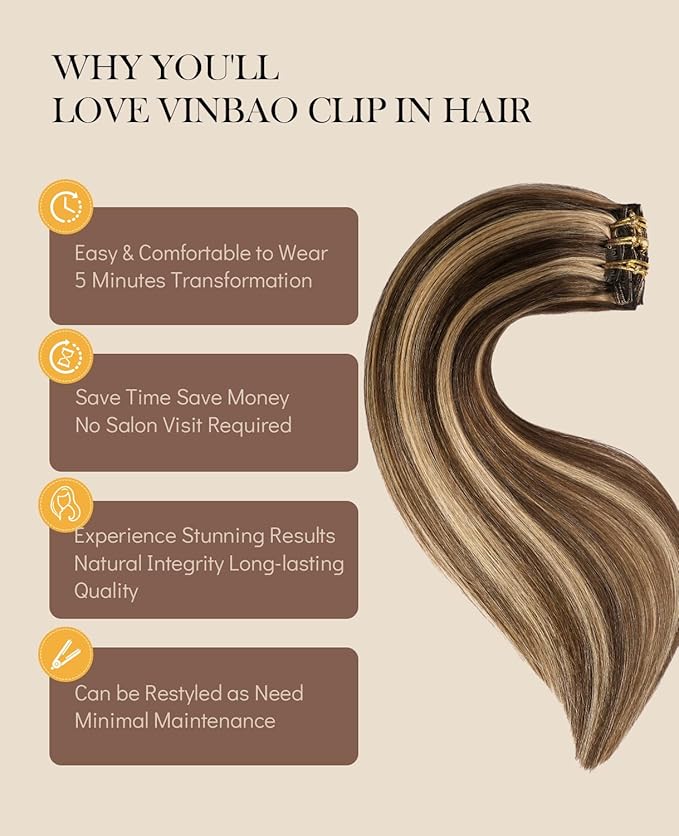 VINBAO Clip in Human Hair Extensions Silk Soft Remy Human Hair Color 4 Medium Brown Highlighted 27 Caramel Blonde Clip in Hair Extensions 18 inch 120 Gram 6 Pcs Double Weft (#4P27, 18'')