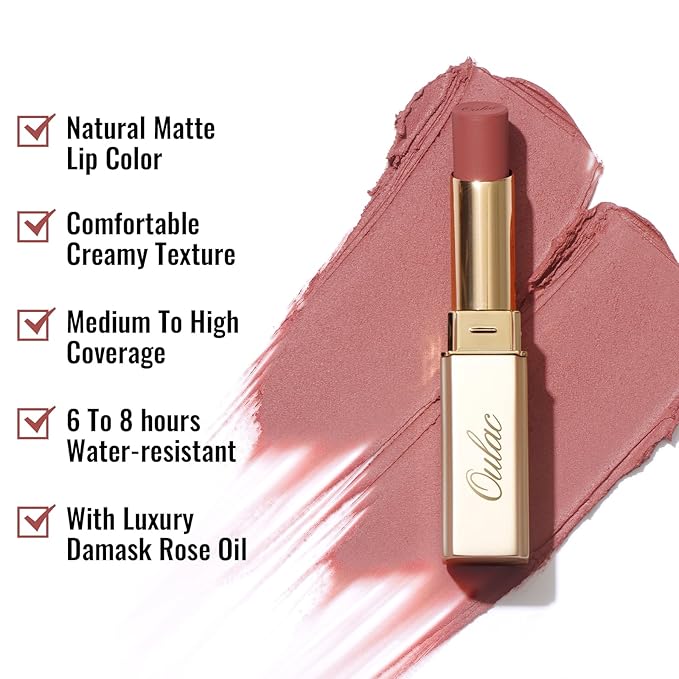 Oulac Pink Nude Matte Lipsticks for Women, Silky Velvet Matte Lipstick, Soft Smooth Texture, High Impact Lip Color, Not Dry Lightweight Formula Infused with Vitamin E, Vegan&Cruelty Free RM02