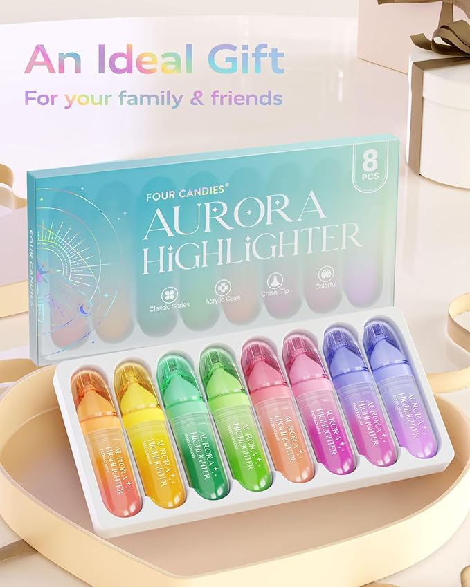 Four Candies 8 Pcs Highlighters Assorted Colors, Cute Pastel Highlighter Set, Dry Quickly, Soft Chisel Tip, Bible Highlighter for No Bleed, Back to School Supplies，Aesthetic Highlighters for Office
