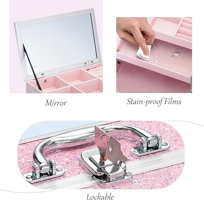 FRENESSA Makeup Case Organizer Portable Makeup Train Case Cosmetic Box with Mirror Jewerly Tray for Girls Nail Supplies Make Up Cases Organizers and Storage Kids Craft Case Pink