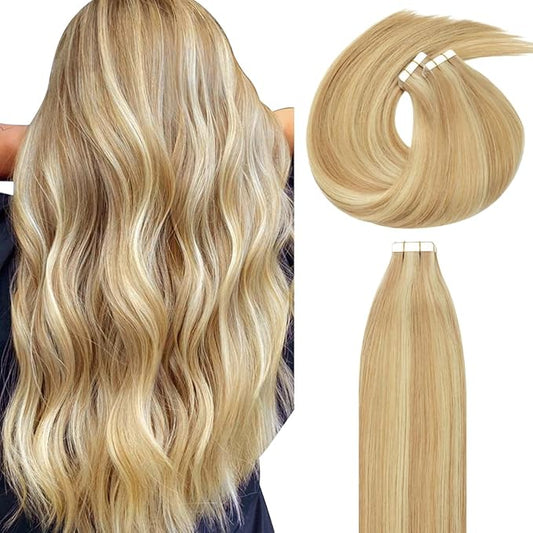 Lacerhair Hair Extensions Natural Remy Tape in Human Hair Extensions Dip Dyed Balayage Seamless PU Skin Weft 100% Real Virgin Hair Ombre Golden Blond Colour Double Side 50g 20pcs/set 60cm , P 12/60