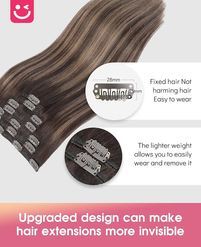 Youngsmile Clip in Hair Extensions, 2/6/2 Balayage Dark Brown to Chestnut Brown, Real Human Hair Extensions Clip in Long Straight Double Weft 14inch 120g 7Pcs,Thick End (CLIP#2/6/2-14Inch)