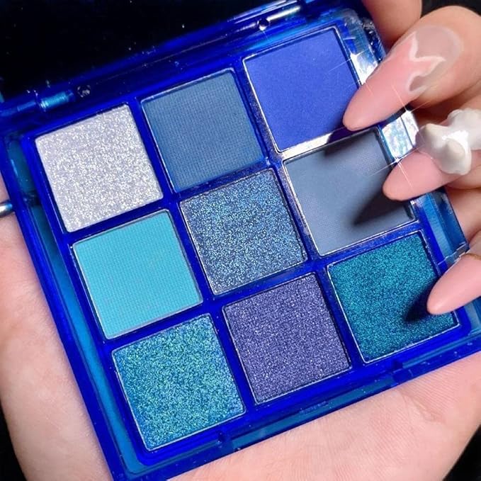 Go Ho 9 Style Blue Grey White Powder Makeup Eyeshadow Palette, Matte & Pearl Shimmer Design Waterproof Cool Blue Eye Eyeshadow Palette for Women & Girls