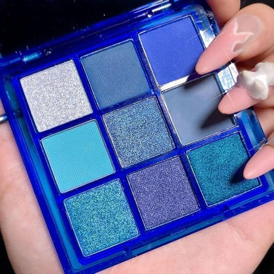 Go Ho 9 Style Blue Grey White Powder Makeup Eyeshadow Palette, Matte & Pearl Shimmer Design Waterproof Cool Blue Eye Eyeshadow Palette for Women & Girls