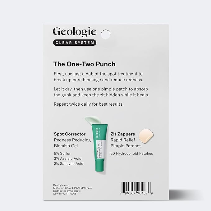 Geologie Clear System Anti-Pimple Pack, 20 Hydrocolloid Patches, Spot Treatment Gel with 5% Sulfur, Fast-Acting Acne Care