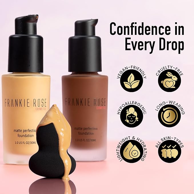 Frankie Rose Cosmetics Matte Perfection Foundation Makeup – Long-Lasting, Hydrating Foundation for Semi-Matte Finish - Full Coverage for All Skin Types - (Vintage) 1.0 US fl oz / 30 ml