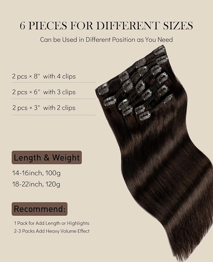 VINBAO Clip in Hair 20 Inch 6pcs 120g Darkest Brown Remy Hair Extensions Clip in Human Hair Brown Straight Double Weft Human Hair Extensions(#2,20'')