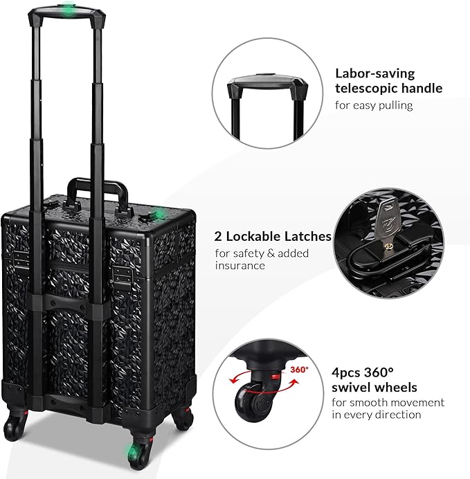 BYOOTIQUE Rolling Makeup Train Case on Wheels Large Cosmetic Travel Organizer Eyelash Storage Box for Nail Tech Beauty Salon Manicurist Barbershop,Mermaid Black