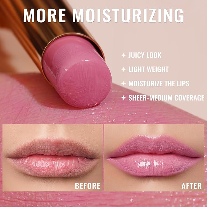 Oulac Warm Pink Shine Lipstick - Moisturizing Lip Stick Glossy Tinted Lip Balm, Sheer Shine Juicy Finish, Lightweight and Hydrating Formula for Dry Lip Care, Vegan 2.2g/0.07oz (07)