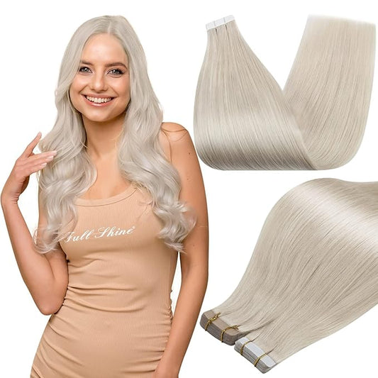 Full Shine Tape In Hair Extensions Color 1000 Ice Blonde Remy Real Human Hair Extensions Tape in Double Sided Tapes Silky Straight Extension Seamless Skin Weft 20 Inch 50 Grams 20Pcs