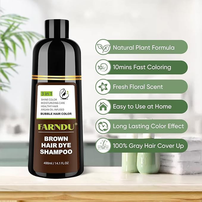 FARNDU Chestnut Brown Hair Dye Shampoo for Gray Hair Coverage - 3 In 1 Natural Hair Color Shampoo for Women & Men, Champu Para Canas Mujer