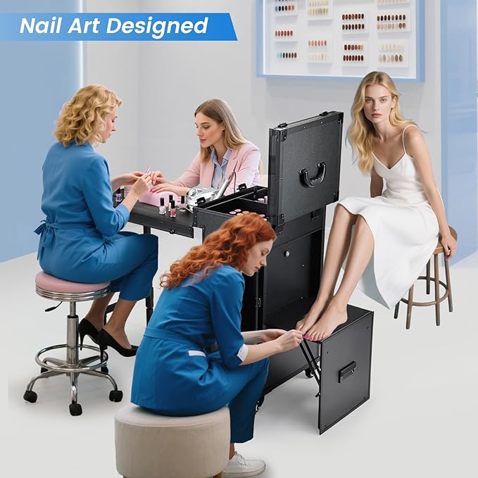 Joligrace Rolling Manicure Table with Pedicure Chair 4 Drawers Rolling Makeup Case Foldable Nail Desk Cosmetology Case on Wheels Brush Pouch Mirror Nail Kits Technician Workstation Artist Trolley