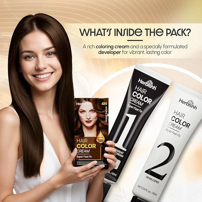 Herbishh Rapid Infusion Hair Color Cream – 4N Natural Brown Hair Dye Permanent One Minute with Comb Applicator, Hair Color for Gray Hair Coverage, Ammonia-Free, Patented Korean Technology, 2.03 fl. Oz
