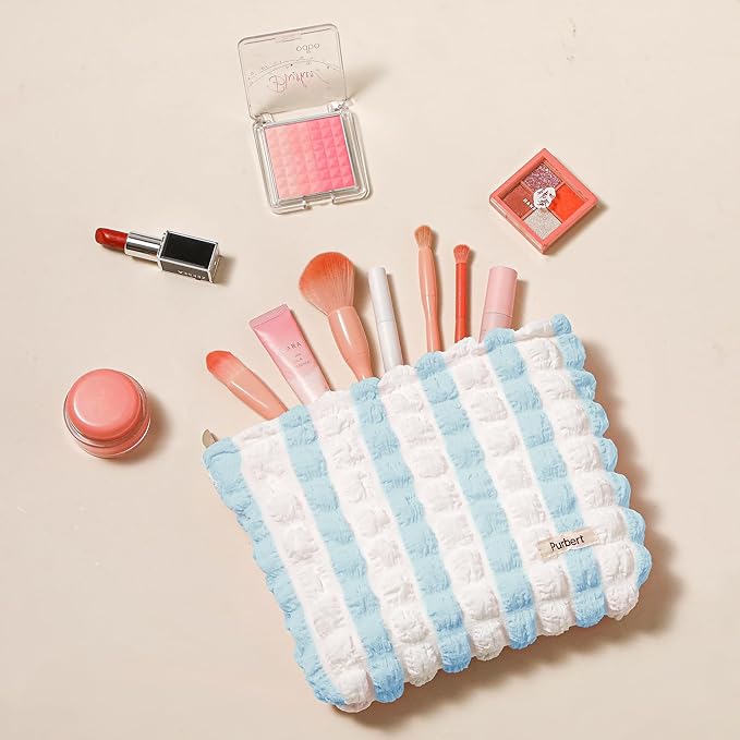 Makeup Bag, Bubble Cloud Travel Cosmetic Bag Organizer, Large Capacity Toiletry Make Up Bags with Zipper for Women and Girls, Blue - White