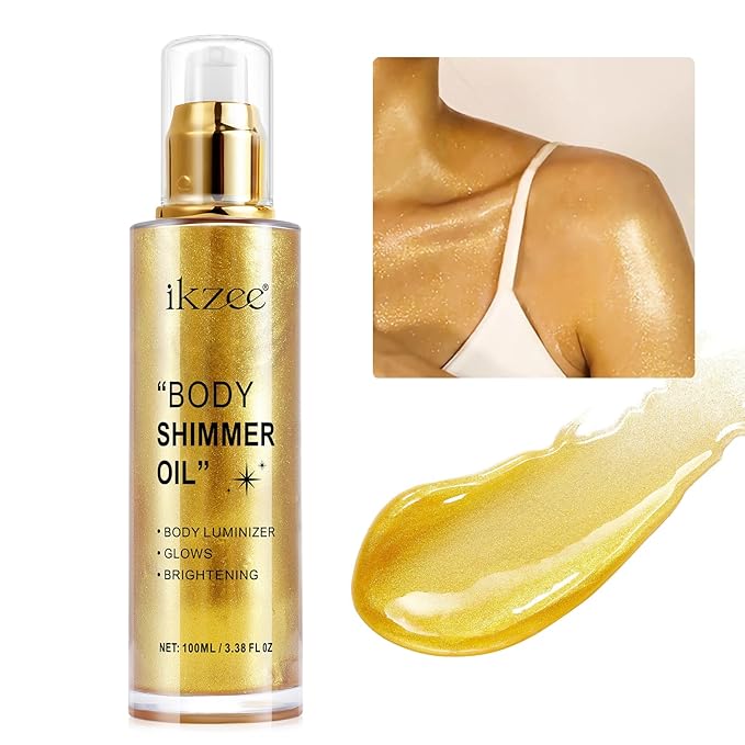 Body Shimmer Oil 100ml, Moisturizing Long Lasting Body Luminizer Face Brightener, Waterproof Liquid Illuminator, Shimmer Glow Highlighter Summer Glowing Tan Makeup (#02 Gold)