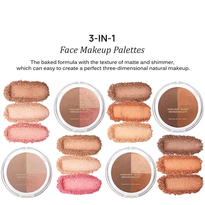 Baked Blush Highlight Bronze Powder 3-in-1 Contour Palette Sculpt Satin Silky Smooth Makeup Palettes Powder (004-Deep)