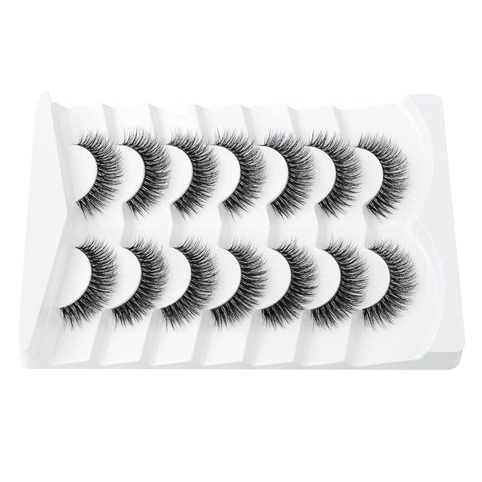 3D Clear Band Lashes 14mm Natural Soft Faux Mink Lashes C/D Curl Cat Eye Wispy Fake Eyelashes Short Cross Reusable False EyeLashes 7 Pairs (No.207)