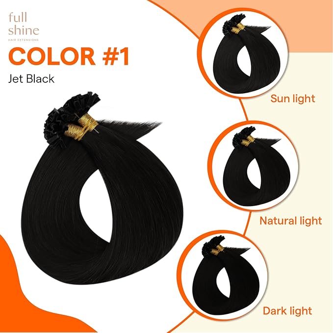 Full Shine Ktip Hair Extensions Human Hair Color 1 Jet Black Ktip Human Hair Extensions 16 Inch Prebonded Extensions Remy Hair 50 Grams Keratin Tip Extensions for Women