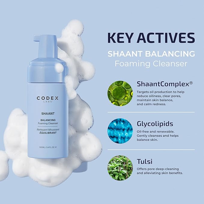 Codex Labs Shaant Balancing Foaming Face Cleanser - Oil Control & Pore Minimizer for Acne-Prone, Oily & All Skin Types - Micellar Water, Oil-Free, Vegan & Cruelty-Free (3.4 oz)
