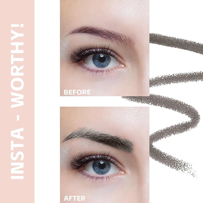 LAVONE Eyebrow Pencil - Makeup Waterproof Brow Pencil with Triangular Tip, Dual-Sided Brow Brush, Precise, Fine Tip, Fills Brows Creates Natural Looking Brow, with Hair Clips - Gray