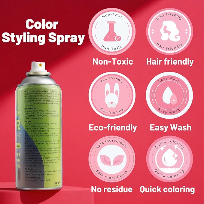 Red Hair Spray, Temporary Hair Color Spray for Women Men– Safe Non Sticky Washable One Day Hair Dye Spray, Disposable Accessories Included, for Halloween Cosplay Party DIY Costume Pet Fun