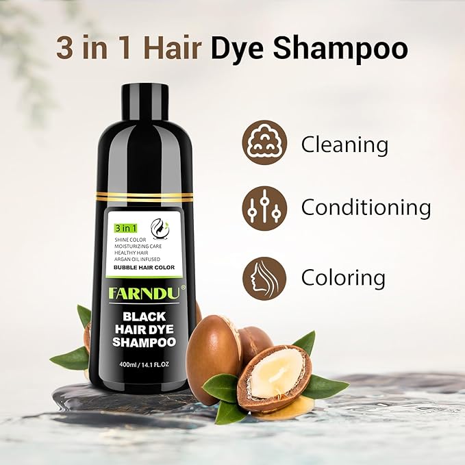 Black Hair Dye Shampoo for Women & Men, Gray Hair Coverage, 3-in-1 Hair Color Shampoo