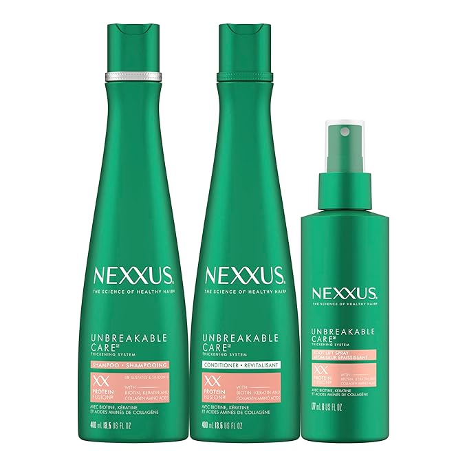 Nexxus Unbreakable Care Shampoo, Conditioner, and Leave-In Spray 3 Pack For Fine and Thin Hair with Keratin, Collagen, Biotin