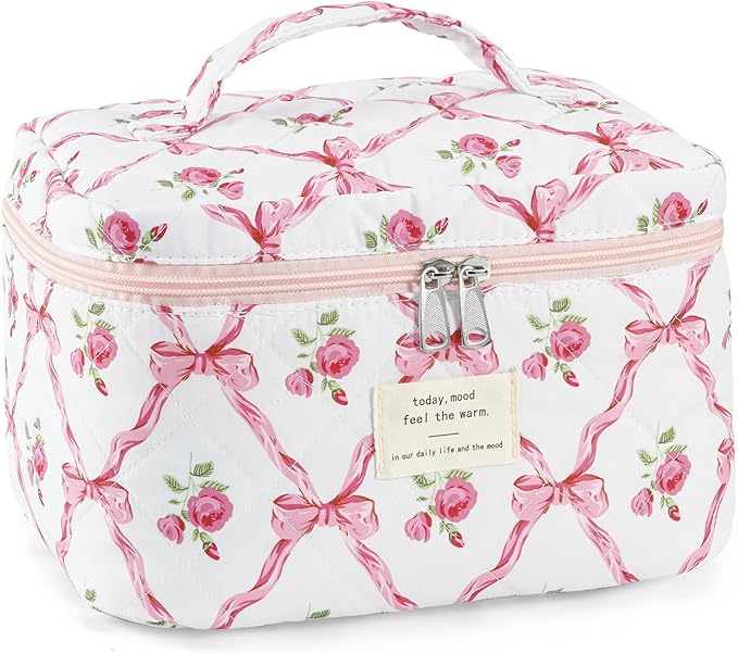 Makeup Bag for Women Quilted Cotton Make Up Bag Travel Cosmetic Bag Large Makeup Bag Cute Bow Makeups Organizer Floral Toiletry Pouch for Purse