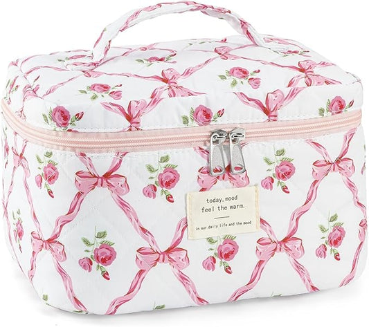 Makeup Bag for Women Quilted Cotton Make Up Bag Travel Cosmetic Bag Large Makeup Bag Cute Bow Makeups Organizer Floral Toiletry Pouch for Purse