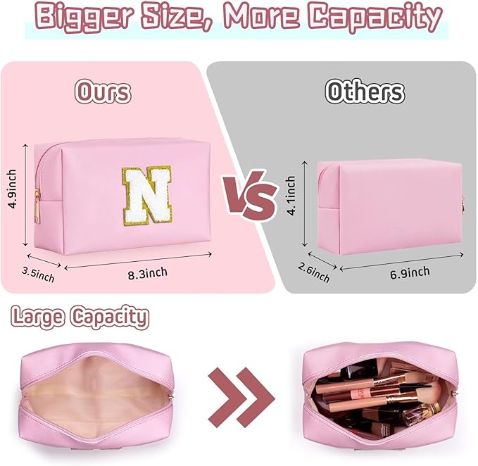 TOPEAST Preppy Pink PU Leather Makeup Bag with Gold Glitter Chenille Patch, 8.3in x 3.5in x 4.9in