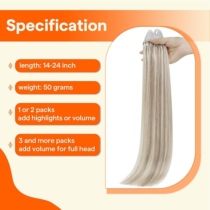 Full Shine Microloop Human Hair Extensions Ash Blonde Highlighted Bleach Blond Micro Beads Hair Extensions Human Hair 14 Inch Soft Natural Remy Hair 50 Grams
