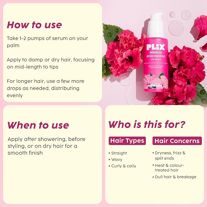 PLIX - THE PLANT FIX Hibiscus Frizz Control Hair Serum | Protects & Smoothes, Dry, Flyaway & Frizzy Hair, With 13 Nourishing Oils | 3x Strength with Fiberhance | 50ml