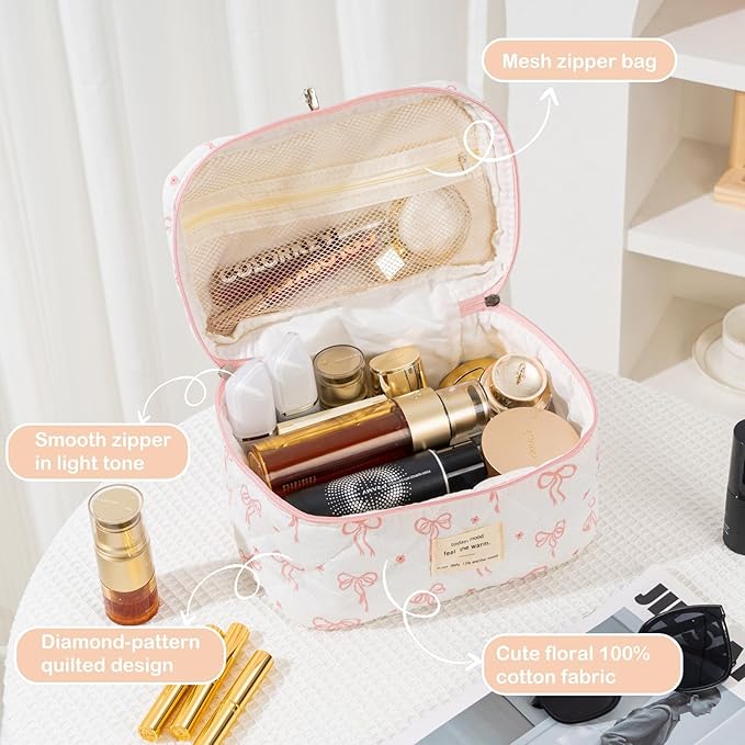Makeup Bag for Women 3PCS Quilted Cotton Make Up Bag Travel Cosmetic Bag Large Makeup Bag Set Cute Bow Organizer Floral Toiletry Pouch for Purse, Bow B