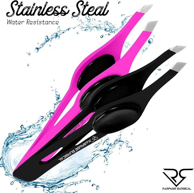 Professional Eyebrow Tweezers Slanted Tip Stainless Steel 2,3xPcs Set, Non-Slip Grip Slant Tip Tweezers for Facial Hair, Plucking Removing Ingrown Hairs, Tweezer for Women Men (Black&Pink)